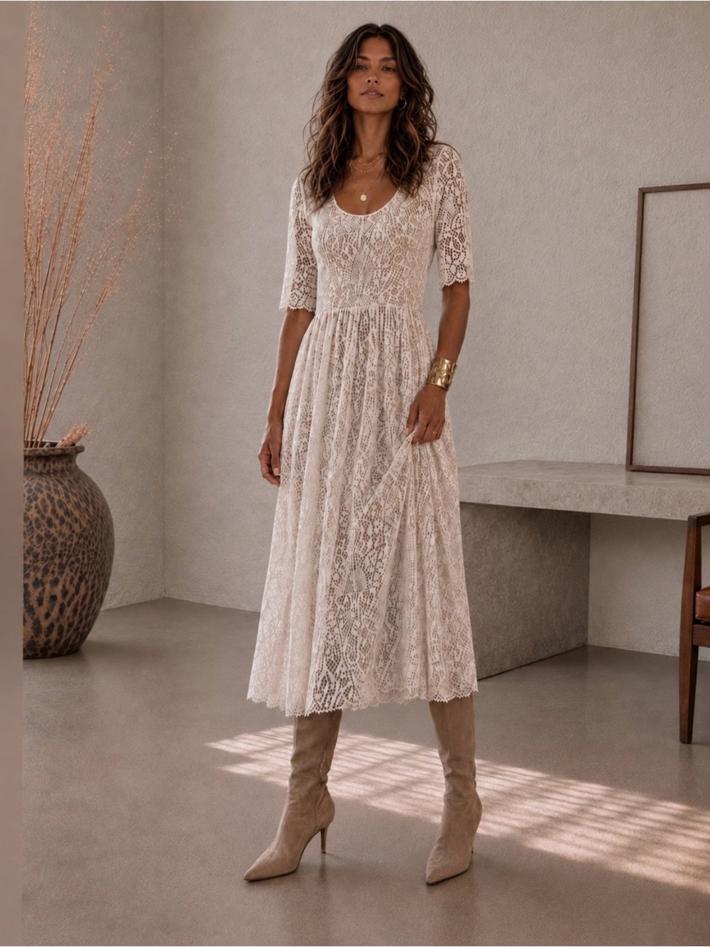 New🌺$388 Johnny Was Helena Midi Dress Natural Lace Scalloped Slip Lined L